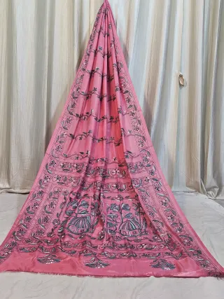 Premium Peach Pink Floral Vine Chalu Kantha Blended Bangalore Silk Saree