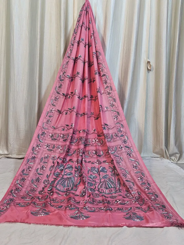 Premium Peach Pink Floral Vine Chalu Kantha Blended Bangalore Silk Saree