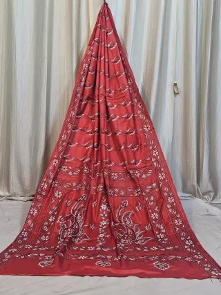 Premium Scarlet Red with Ivory White Chalu Kantha Blended Bangalore Silk Saree