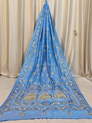 Premium Sky Blue with Ivory White Chalu Kantha Blended Bangalore Silk Saree