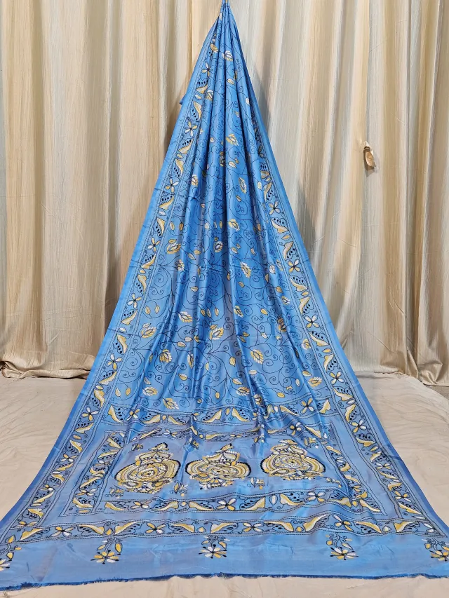 Premium Sky Blue with Ivory White Chalu Kantha Blended Bangalore Silk Saree