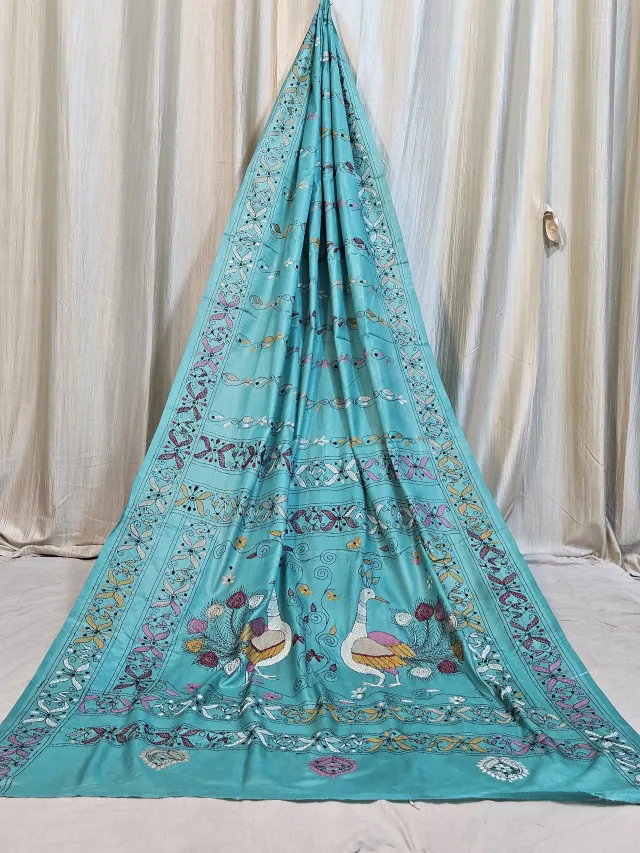 Premium Aqua Blue Folk Vine Chalu Kantha Blended Bangalore Silk Saree