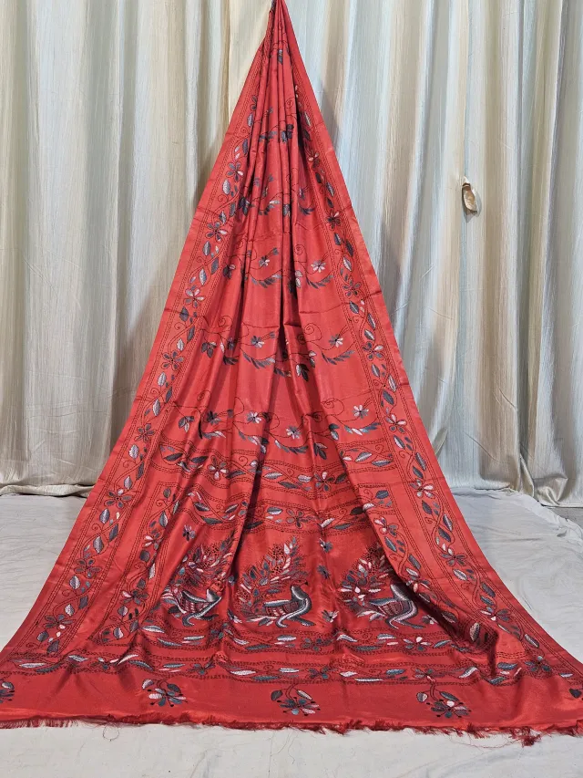 Premium Coral Red Chalu Kantha Blended Bangalore Silk Saree