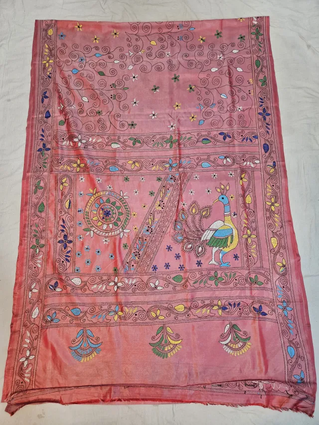 Premium Dual Tone Rani Pink & Yellow Chalu Kantha Blended Bangalore Silk Saree
