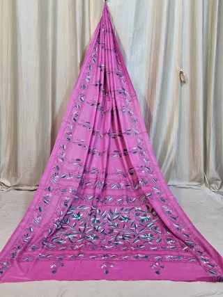 Premium Rani Pink with Aqua Blue Chalu Kantha Blended Bangalore Silk Saree
