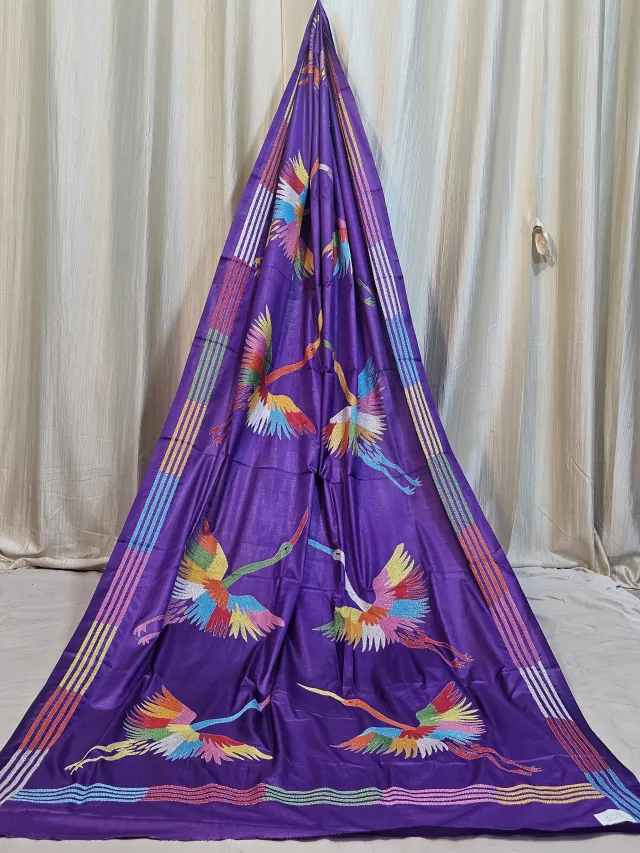 Premium Purple Multicolour Flying Crane Kantha Stitch Blended Bangalore Silk Saree