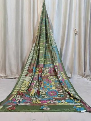 Premium Olive Green with Multicolour Kantha Stitch Blended Bangalore Silk Saree