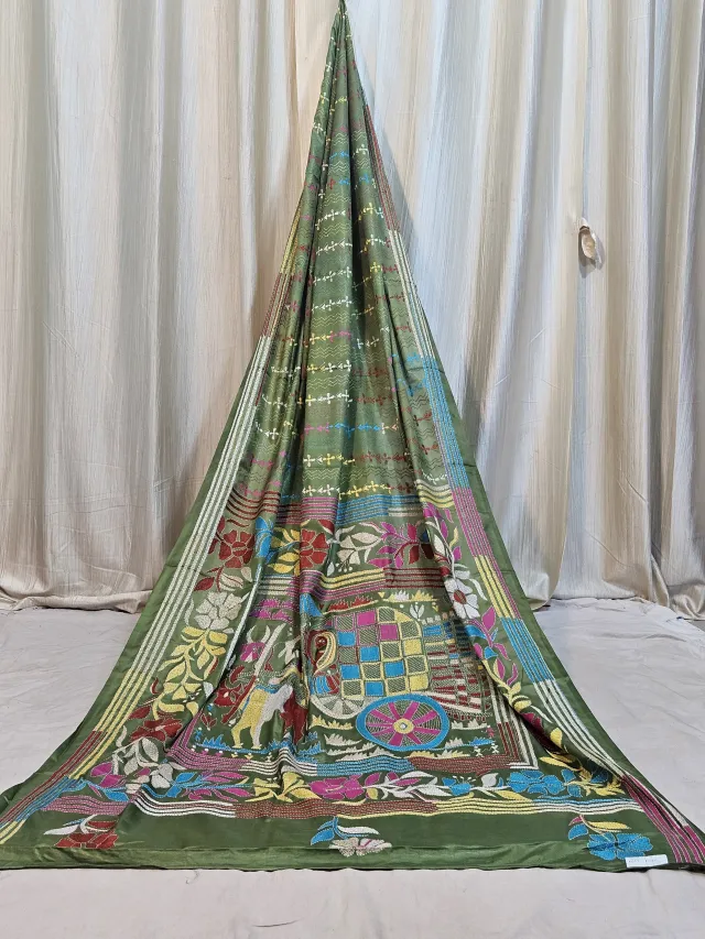Premium Olive Green with Multicolour Kantha Stitch Blended Bangalore Silk Saree