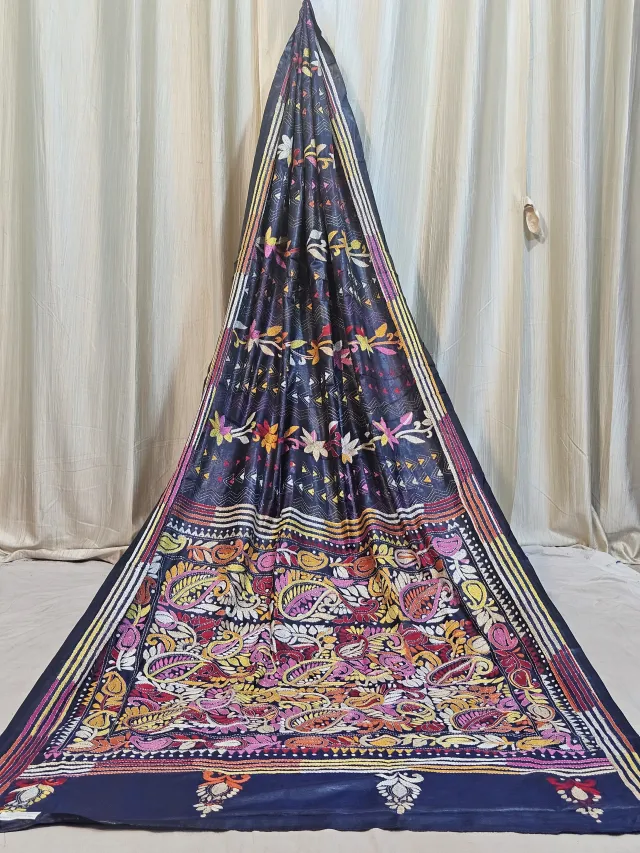 Premium Navy Blue Multicolour Floral Kantha Stitch Blended Bangalore Silk Saree