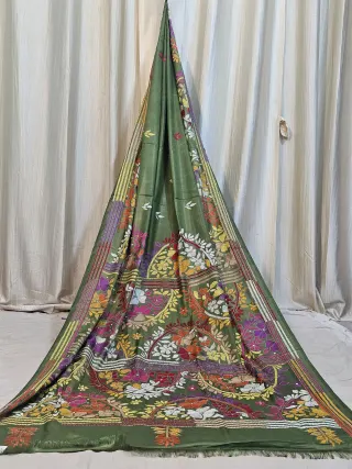 Premium Bottle Green Multicolour Kantha Stitch Blended Bangalore Silk Saree