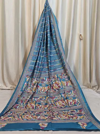 Premium Teal Blue Geometric Pattern Kantha Stitch Blended Bangalore Silk Saree