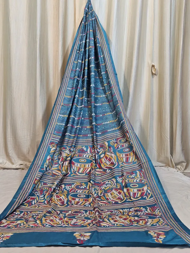 Premium Teal Blue Geometric Pattern Kantha Stitch Blended Bangalore Silk Saree