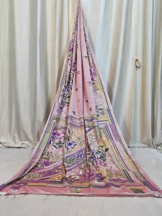 Premium Baby Pink Floral Vine Kantha Stitch Blended Bangalore Silk Saree
