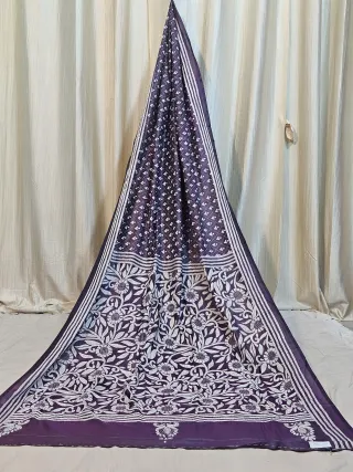 Premium Dark Purple Geometric & Leaf Motif Kantha Stitch Blended Bangalore Silk Saree