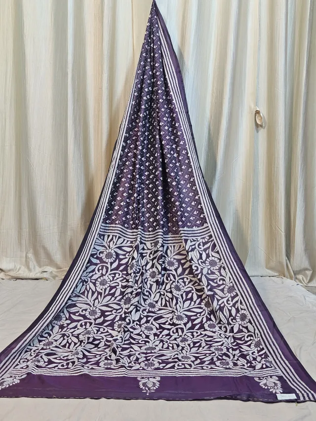 Premium Dark Purple Geometric & Leaf Motif Kantha Stitch Blended Bangalore Silk Saree