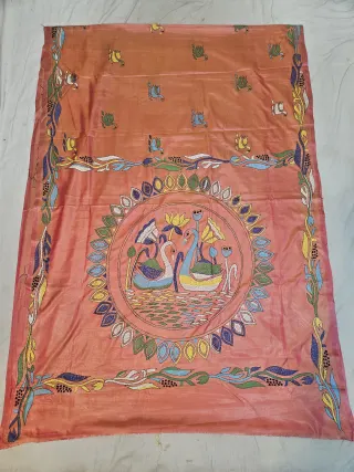 Premium Peach with Multicolour Peacock Motifs Kantha Stitch Blended Bangalore Silk Saree