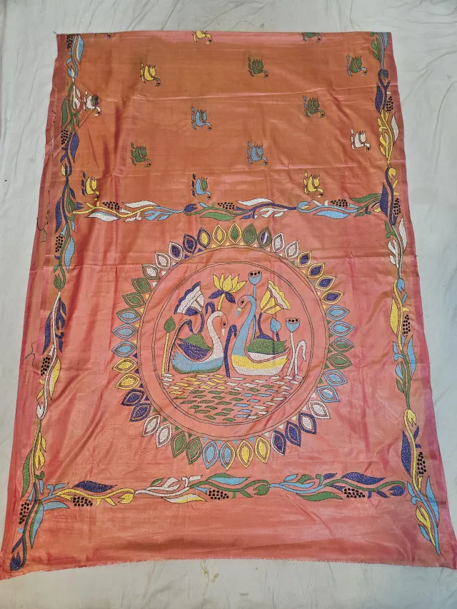 Premium Peach with Multicolour Peacock Motifs Kantha Stitch Blended Bangalore Silk Saree