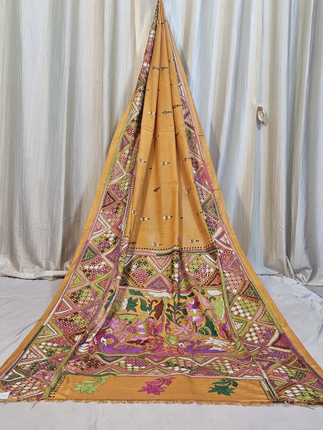 Premium Mustard Yellow Hand-Stitched Kantha Silk Saree with Geometric Diamond Borders
