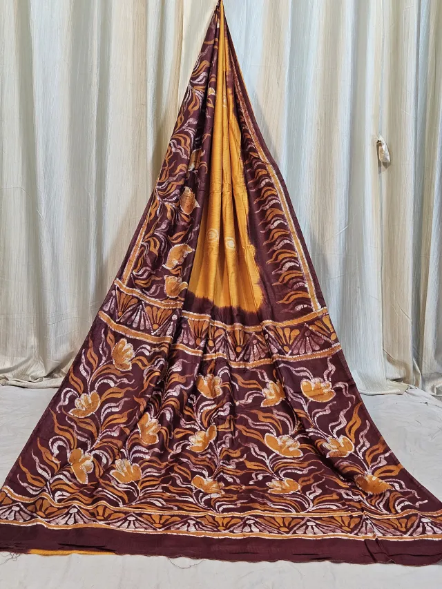 Premium Golden Mustard Yellow with Brown Bafta Silk Batik Saree