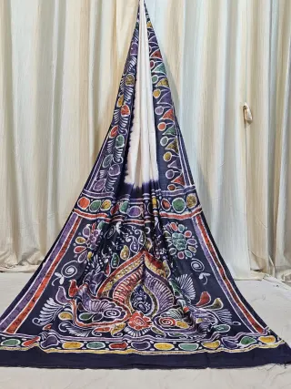 Premium Ivory White with Navy Blue & Multicolour Bafta Batik Print Silk Saree