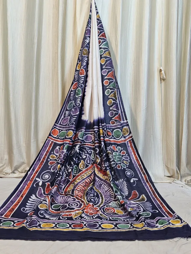 Premium Ivory White with Navy Blue & Multicolour Bafta Batik Print Silk Saree