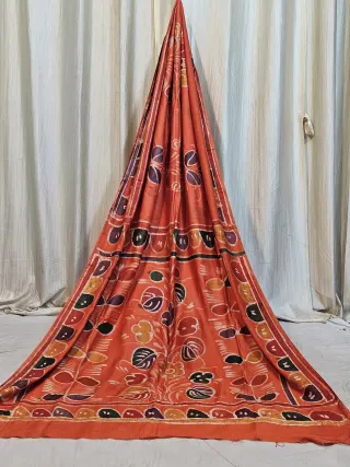 Premium Orange with Multicolour Batik Floral Pure Bafta Silk Saree