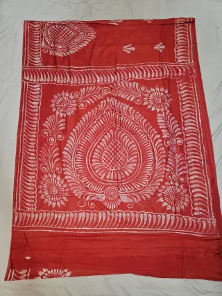 Premium Red with Ivory White Traditional Batik Pure Bafta Silk Saree