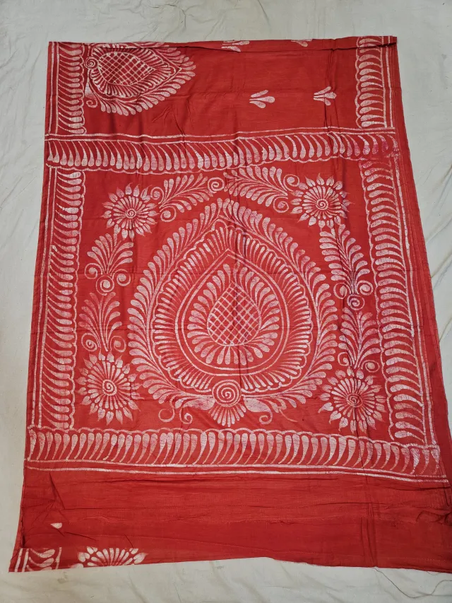 Premium Red with Ivory White Traditional Batik Pure Bafta Silk Saree