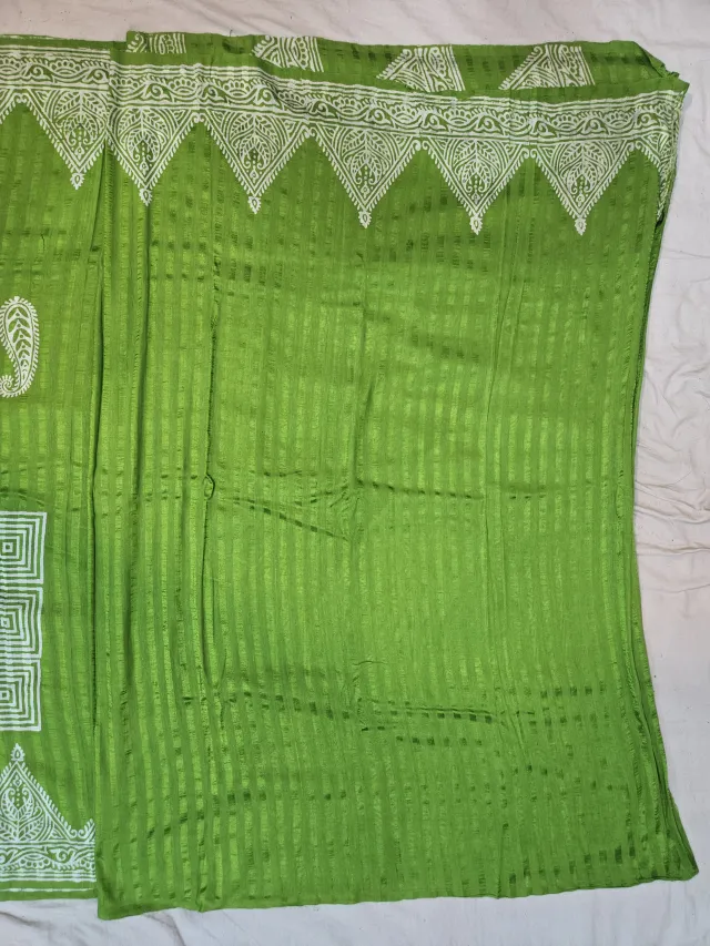 Premium Parrot Green & Ivory White Matka Silk Block Print Saree