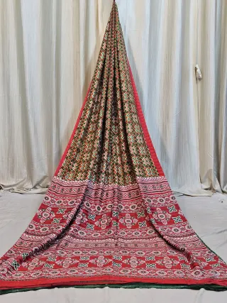 Premium Yellow, Green & Red Matka Silk Geometric Print Saree