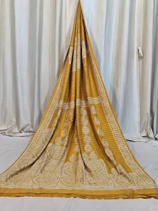 Premium Mustard Yellow & Ivory White Matka Silk Block Print Saree