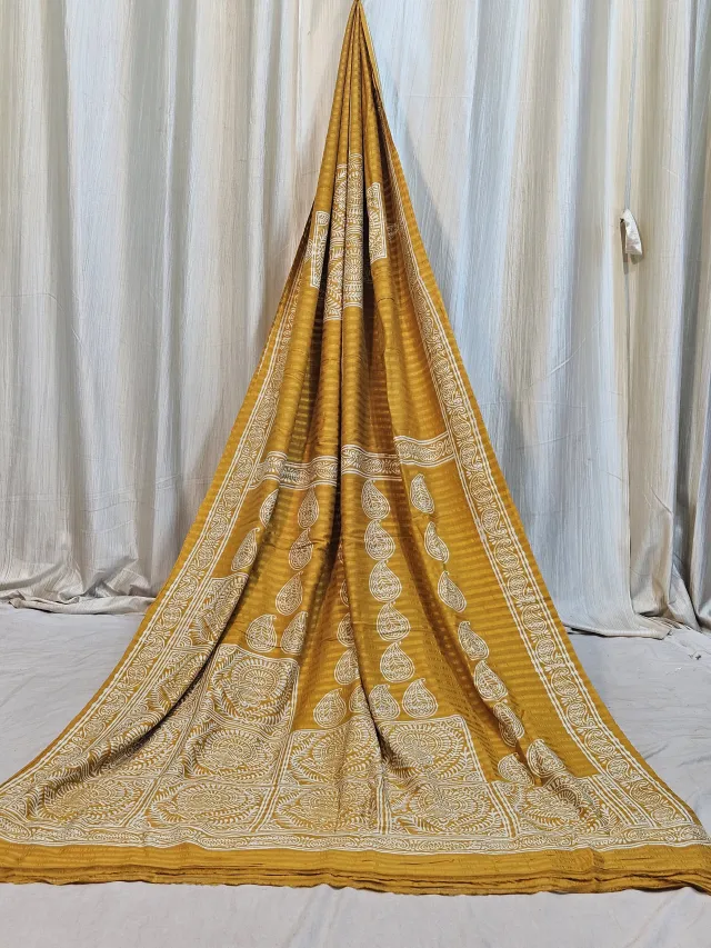 Premium Mustard Yellow & Ivory White Matka Silk Block Print Saree