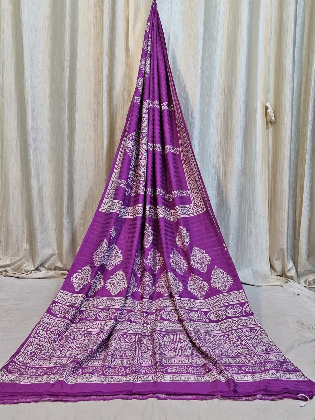 Premium Royal Orchid Purple & Ivory White Matka Silk Block Print Saree