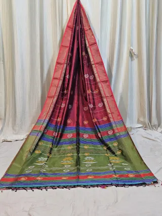 Premium Maroon with Olive Green Kalakshetra Pure Bishnupur Silk Saree