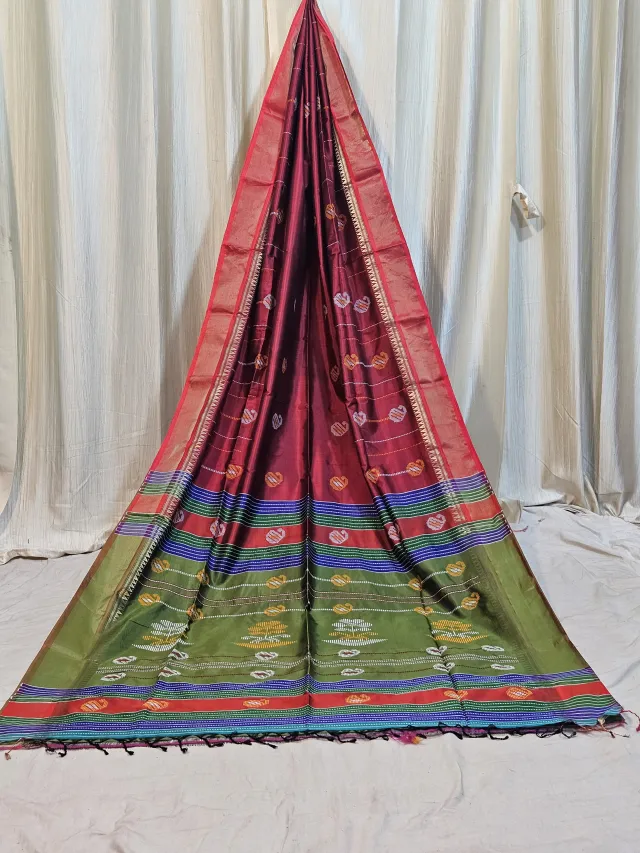 Premium Maroon with Olive Green Kalakshetra Pure Bishnupur Silk Saree