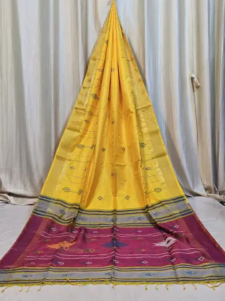 Premium Yellow with Gold Zari & Purple Kalakshetra Pure Bishnupur Silk Saree