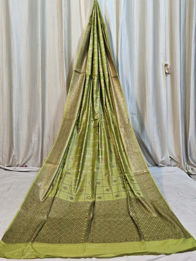 Premium Olive Green Gold Muga Tussar Banarasi Pure Tussar Silk Saree