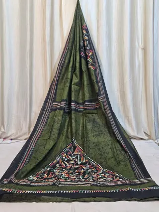 Premium Bottle Green with Black Batik Kantha Stitch Molmol Cotton Saree