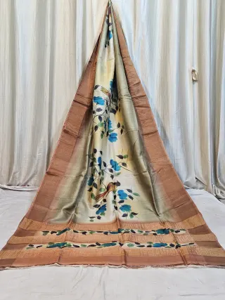 Premium Soft Ivory Cream with Copper Brown Gachi Handprint Silk Saree