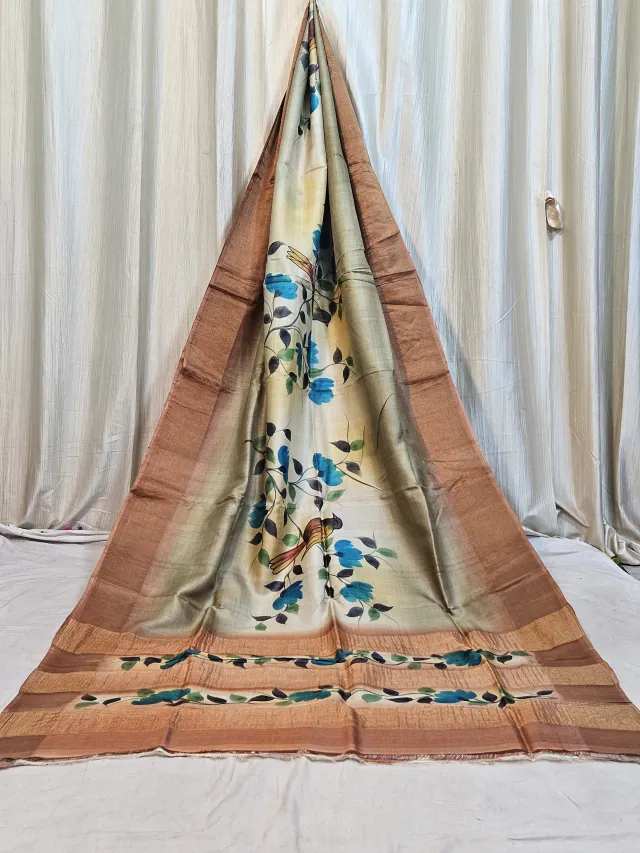 Premium Soft Ivory Cream with Copper Brown Gachi Handprint Silk Saree