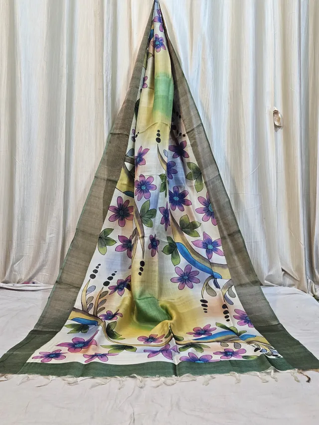 Premium Yellow with Mint Green Gachi Handpaint Pure Tussar Silk Saree