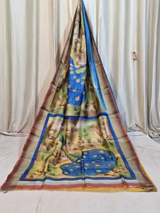 Premium Beige with Peacock blue Gachi Handpaint Pure Tussar Silk Saree