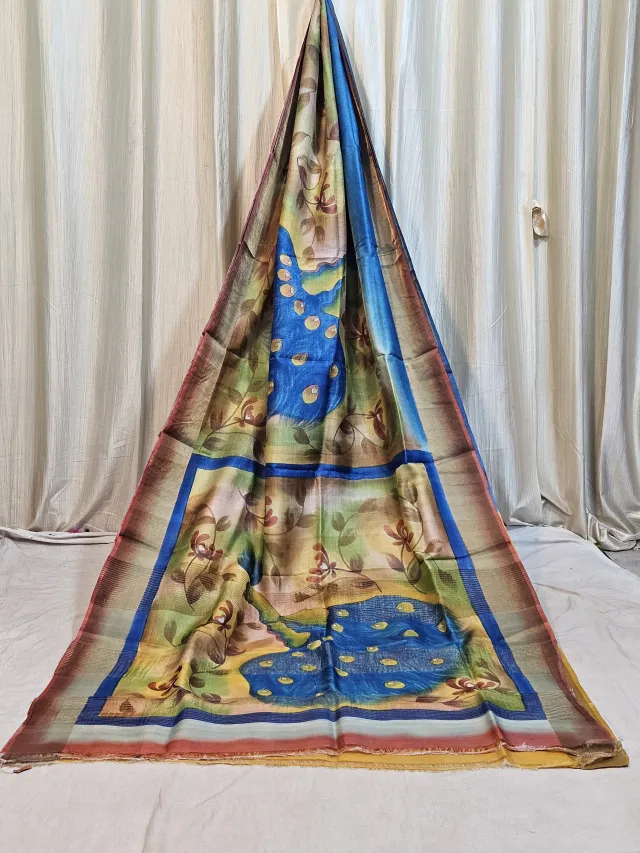 Premium Beige with Peacock blue Gachi Handpaint Pure Tussar Silk Saree