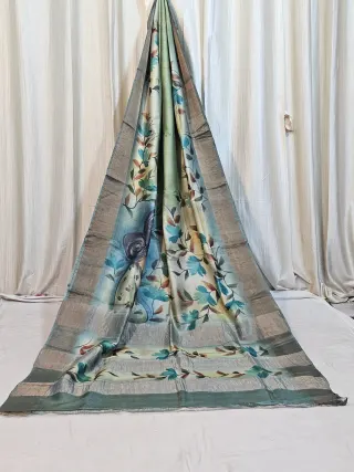 Premium Green with Blue Gachi Handpaint Pure Tussar Silk Saree