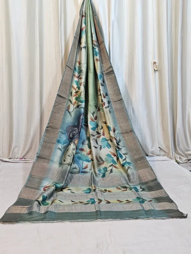 Premium Green with Blue Gachi Handpaint Pure Tussar Silk Saree