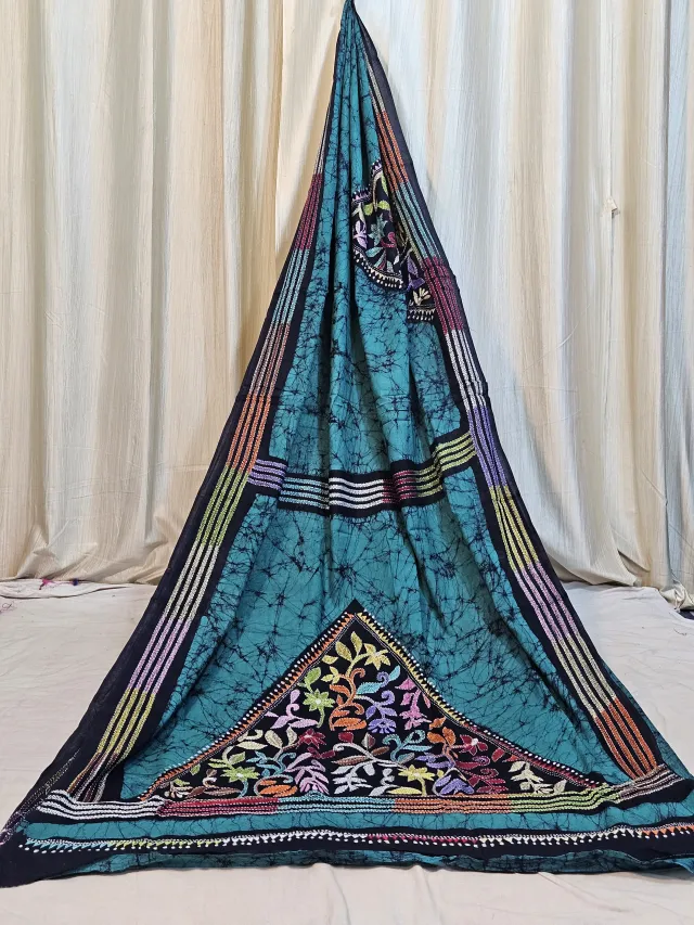 Premium Peacock Blue Batik Kantha Stitch Pure Molmol Cotton Saree