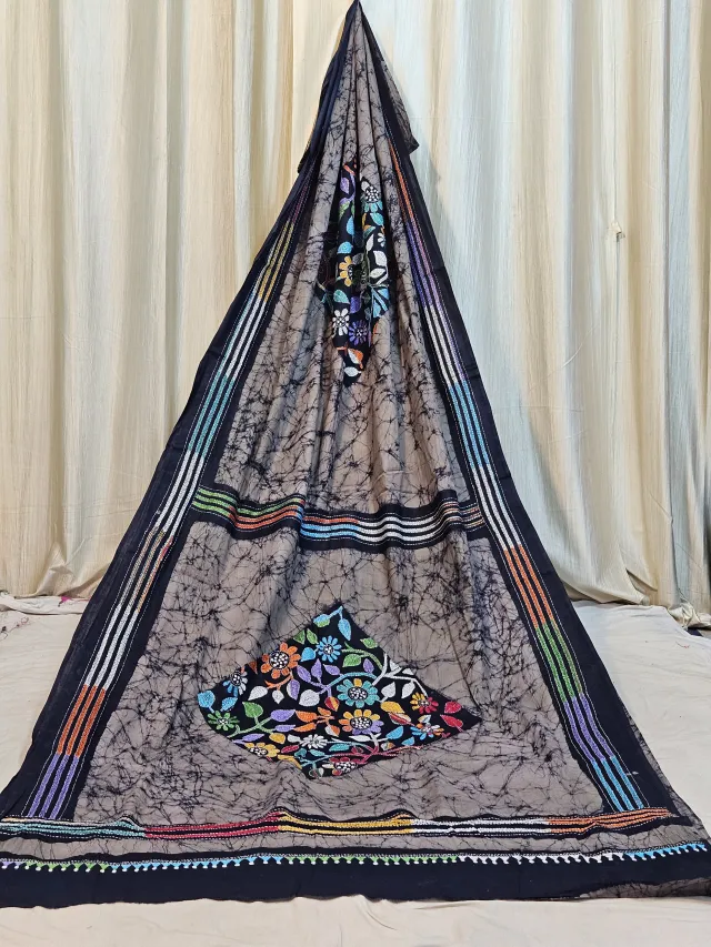 Premium Grey with Black Batik Kantha Stitch Pure Molmol Cotton Saree