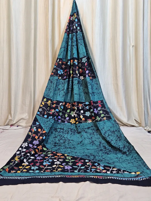 Premium Peacock Blue with Black Batik Kantha Stitch Pure Molmol Cotton Saree