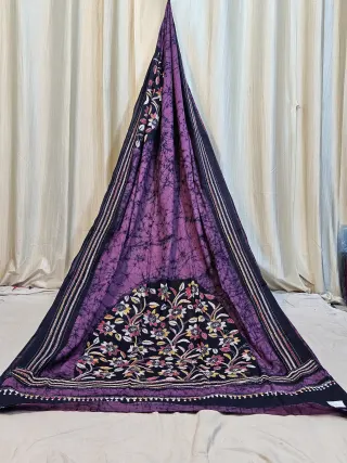 Premium Purple with Black Batik Kantha Stitch Pure Molmol Cotton Saree