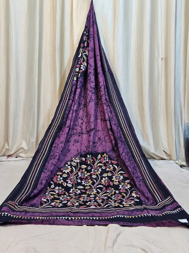 Premium Purple with Black Batik Kantha Stitch Pure Molmol Cotton Saree